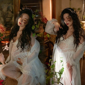 MQTIME  -   Women Photography White Sexy Pregancy Lace Maternity Perspective Dress with Cardigan  2pcs Set Studio Photo Shoot Photo Clothes